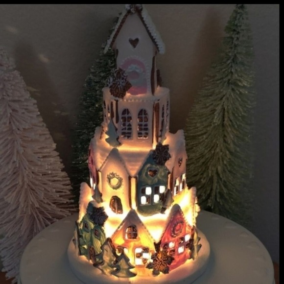 Light Up Pastel Pink Tiered Sugared Gingerbread Castle Whimsical Christmas Decor - Picture 9 of 16